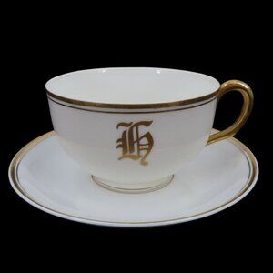 Stouffer Hand Painted Monogram G Initial White Gold Trim Tea Cup Saucer Set VTG